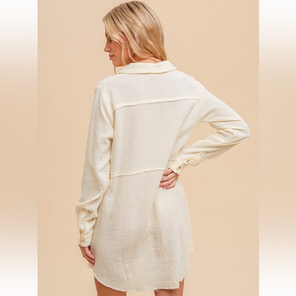 169. Cotton Dress Washed Textured Gauze Tunic Dress Cream/Pale Yellow NEW - Picture 3 of 6